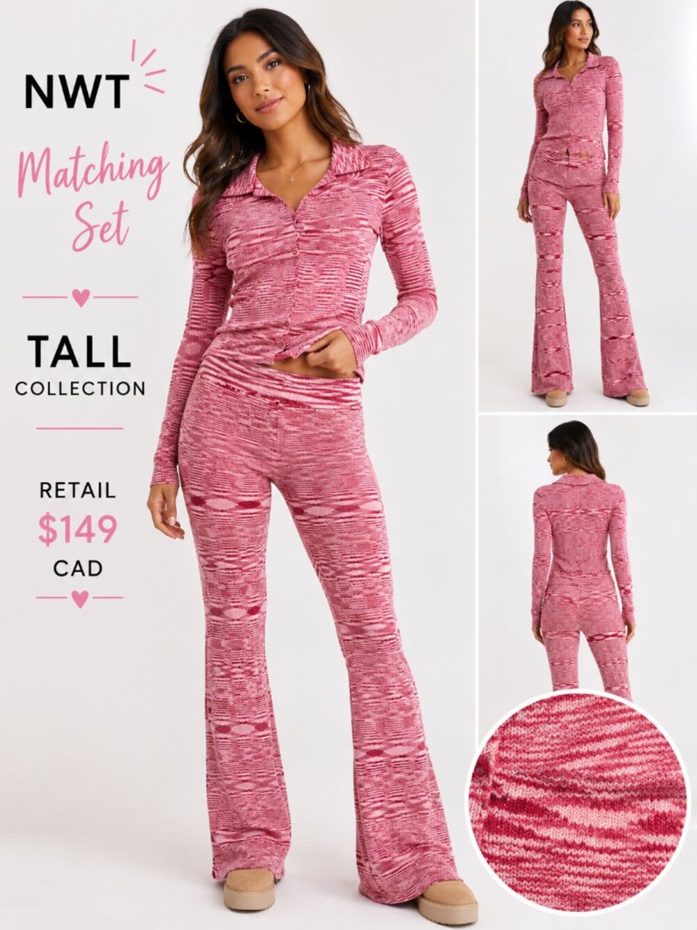 NWT Glamorous Tall Pink Space Dye Knit Co-Ord Set Button Front Top & Flare Pants